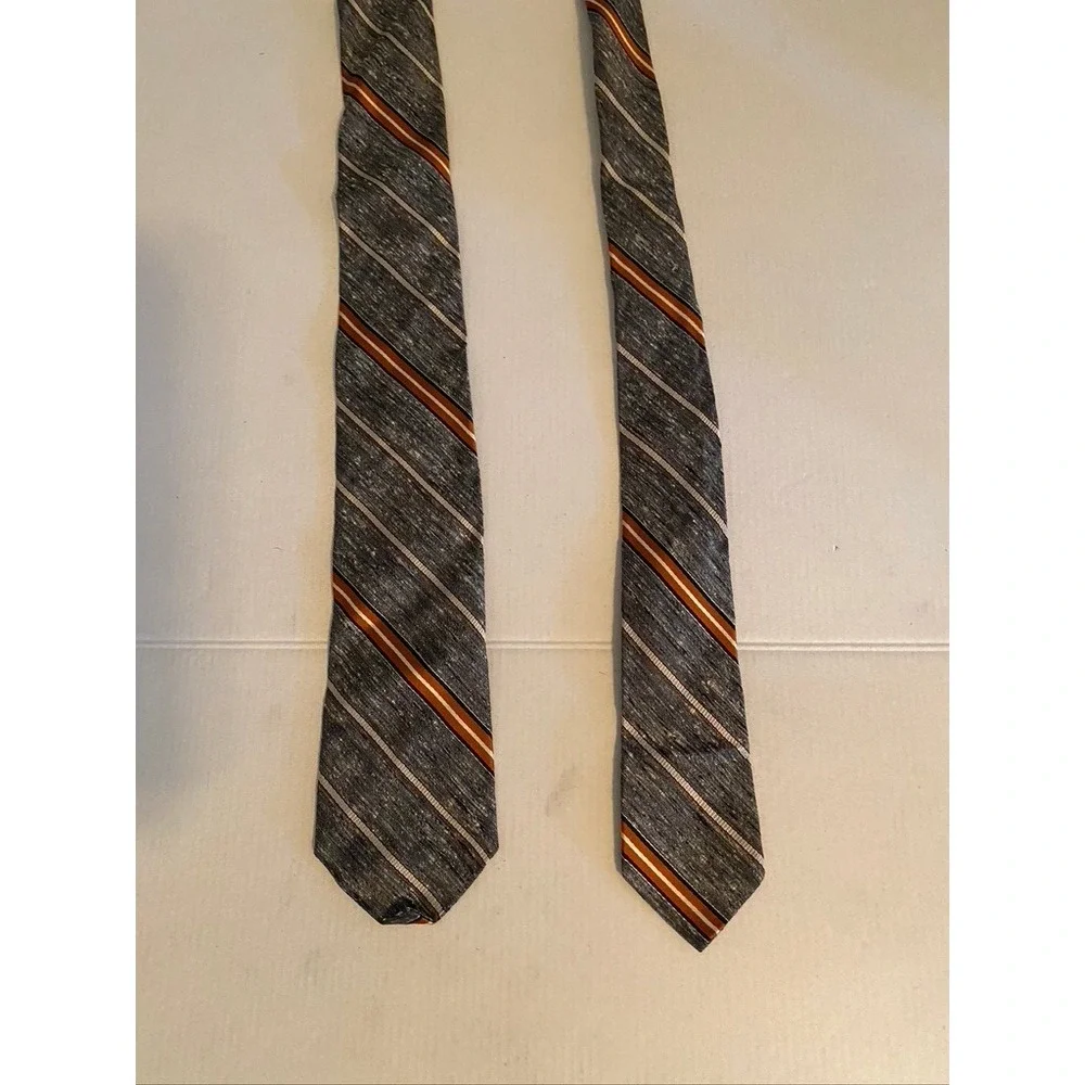 Fashion Craft Mens Silk Tie Grey Orange Striped Textured Slub Skinny Vintage
